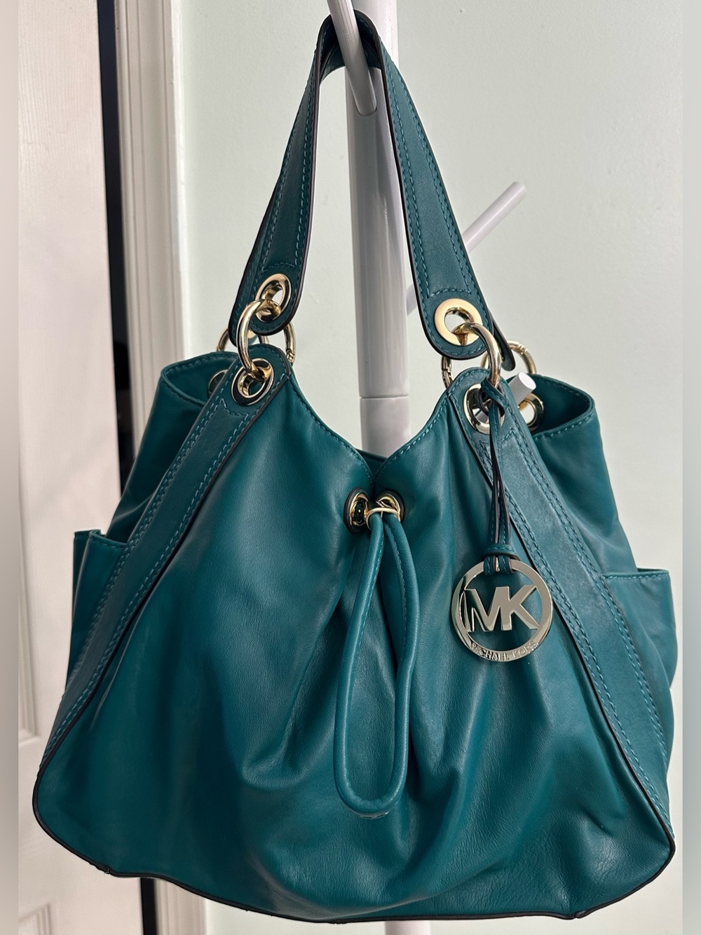Michael Kors Teal Soft Leather Drawstring Shoulder Bag with Gold Hardware Mint